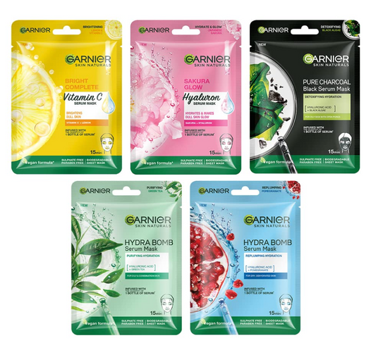 Garnier Skin Naturals, Face Mask Set, Hydrating, Pore Reducing, Brightening, and Enhances Glow, Hydra Bomb Serum Mask & Black Serum Mask, 5 pcs, 140g